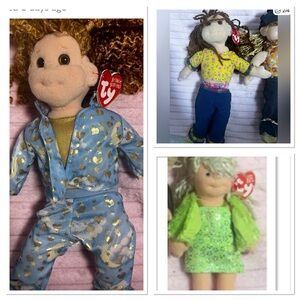 Ty Plush Doll Trio with Blue, Green, and Yellow Outfits